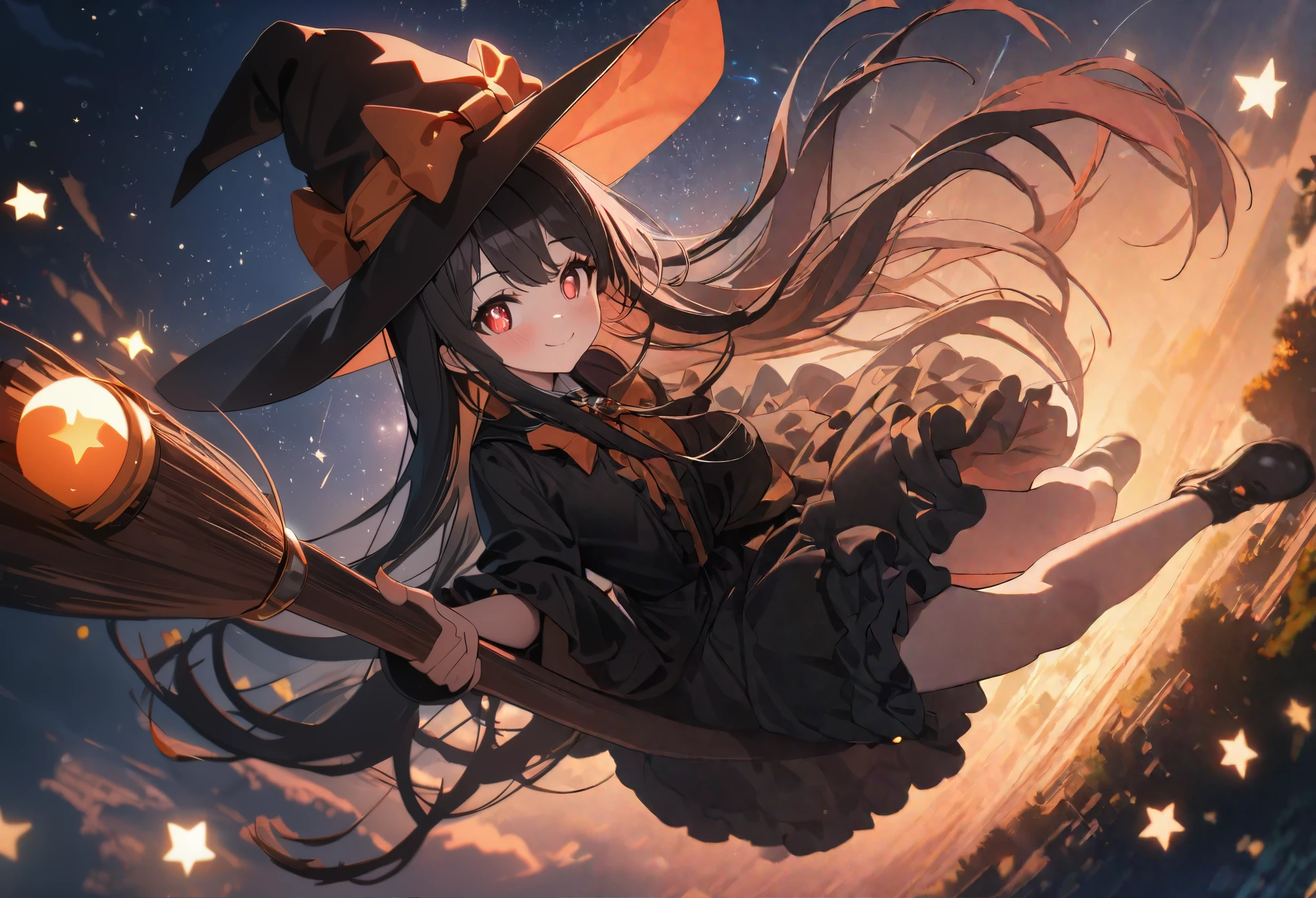 (8K, best quality, master piece: 1.2), super high resolution,14yo,1 cute girl,ultra-detailed face,detailed eyes,red eyes,sparkling pupils,smile,flying on a broomstick,full body,black hair,long hair,wizard frilled dress,witch hat,starry sky