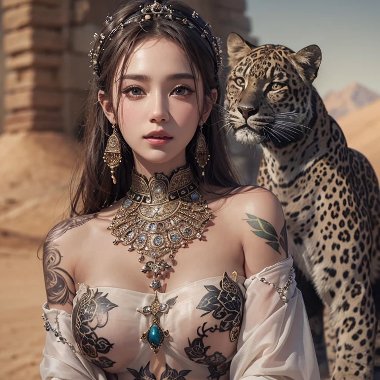 Hiding in the desert、Hair flow、 ((highest quality、masterpiece、8k、Best image quality、Ultra-high resolution、Award-winning works)、(Accurate anatomy:1.1)、(Look at me and smile:1.1)、Shining fair skin with Ultra-high resolution、The most detailed face、Ultra-high resolution detailed face、Ultra-high resolution hair、(Ultra-high resolutionのeyes :1.1)、Beautiful face drawn in every detail、(Blurred Background:1.1)、Ancient Islamic clothing, Chest to chest, tattoo, Old ruins in the background、Black leopard