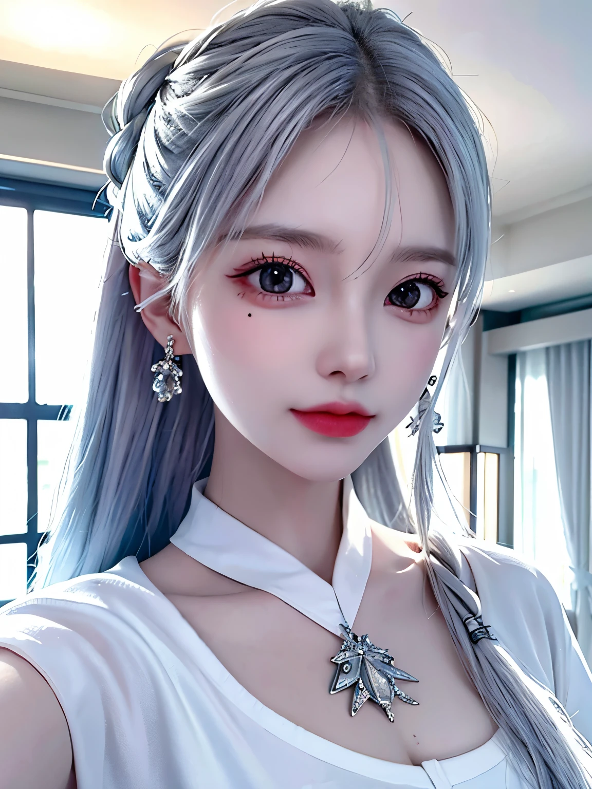 (best quality, masterpiece:1.2), Ultra-high resolution, Practical, forward lighting, Intricate details, Exquisite details and textures, 1 Girl, Solitary ,(young), Facial highlights, Upper Body, Delicate face, Tear mole, White skin, Silver Hair, Ponytail, Braided hair, Looking at the audience, big eyes, silk robe, (Hollow pattern, White, silk), earrings, Large Breasts, slim, VIP room, Professional lighting, Photon Mapping, Radiosity, Physically Based Rendering,