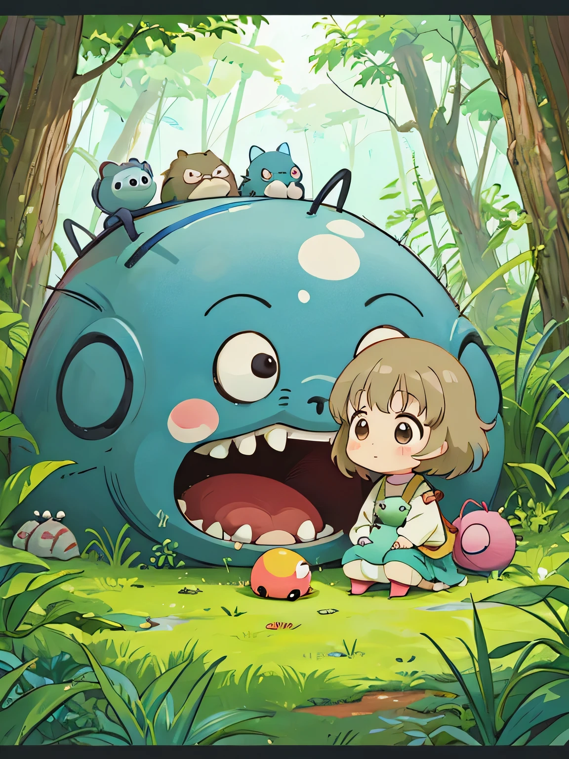 hayao miyazaki style, Kawaii Design, The most beautiful girl of all time、Chibi, Cute and colorful pillbugs、play together、Lots of pillbugs、Totoro Forest