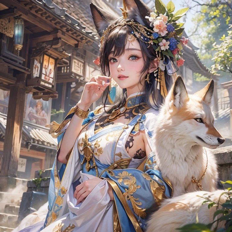 Hiding in an ancient shrine、Hair flow、 ((highest quality、masterpiece、8k、Best image quality、Ultra-high resolution、Award-winning works)、(Accurate anatomy:1.1)、(Look at me and smile:1.1)、Shining fair skin with Ultra-high resolution、The most detailed face、Ultra-high resolution detailed face、Ultra-high resolutionの髪の毛、(Ultra-high resolutionの煌めく瞳:1.1)、Beautiful face drawn in every detail、(Blurred Background:1.1)、Ancient maiden costume, Chest to Chest, tattoo、Other than white fox 