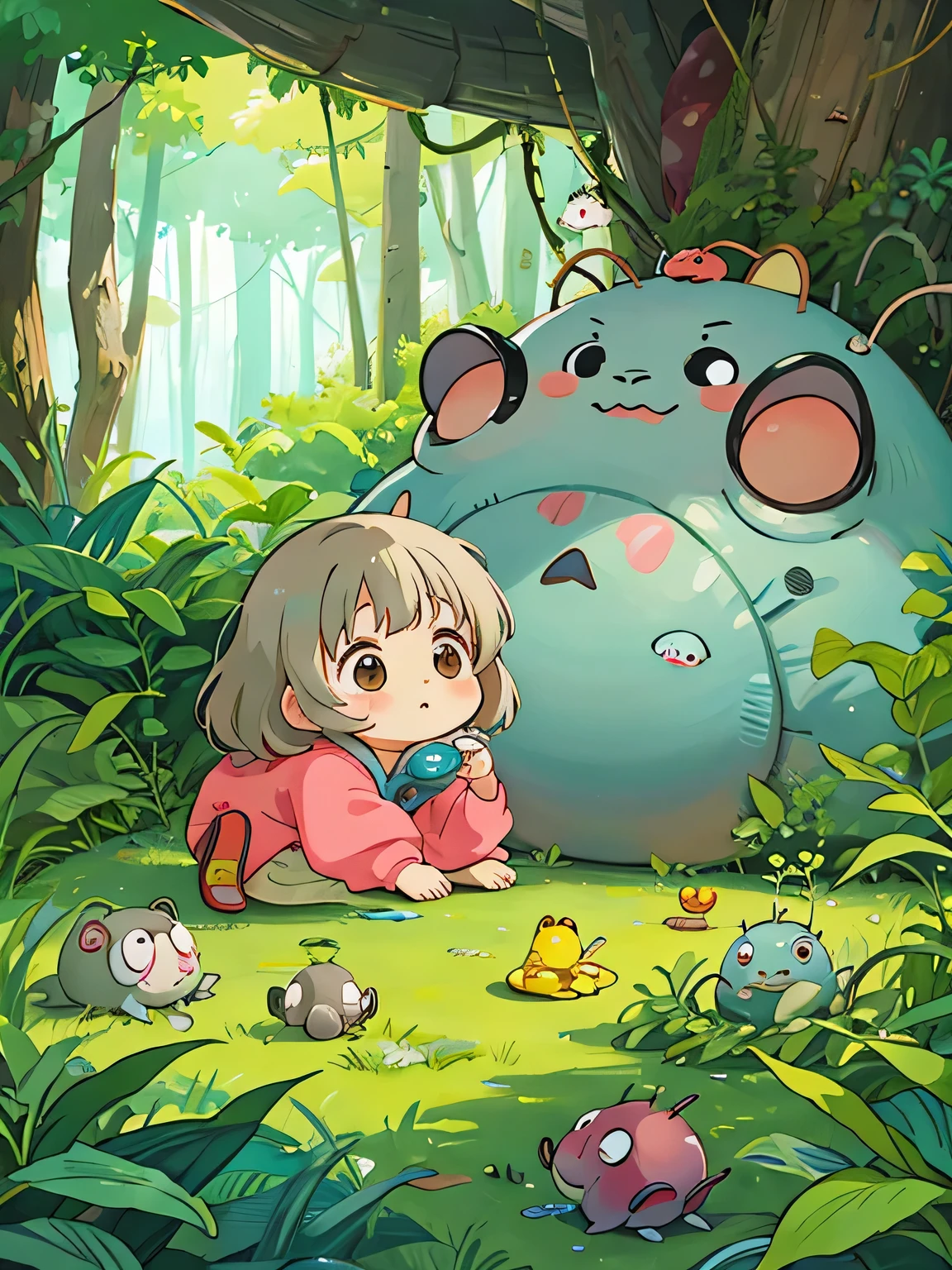 hayao miyazaki style, Kawaii Design, The most beautiful girl of all time、Chibi, Cute and colorful pillbugs、play together、Lots of pillbugs、Totoro Forest