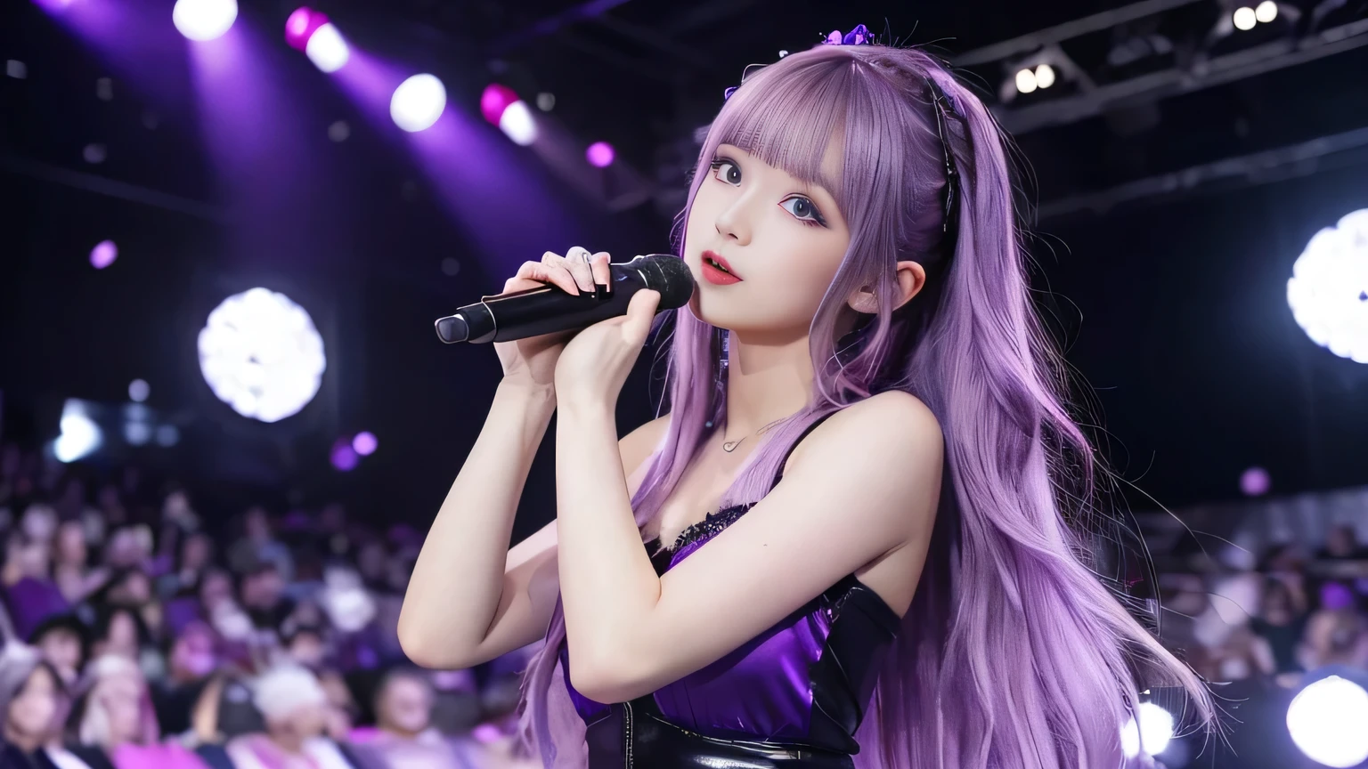 (highest quality, Seductive pose:1.2), 1 female singer, 20 years old, Otherworldly fantasy,shoulder strap,Sing alone, Light purple hair,Beautiful eyes in every detail),Upper Body,bangs,ear, Gorgeous deep purple outfit, Mysterious, Long Hair, blush, Viewer Display,Singing voice that captivates the audience