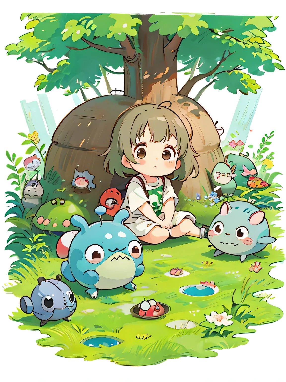 hayao miyazaki style, Kawaii Design, The most beautiful girl of all time、Chibi, Cute and colorful pillbugs、play together、Lots of pillbugs、Totoro Forest