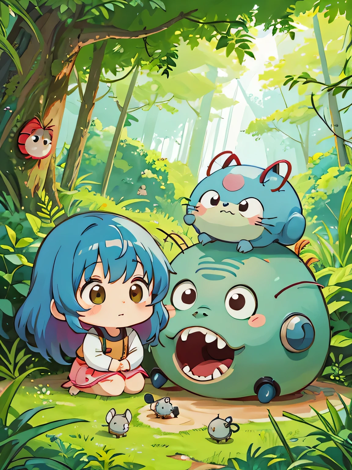 hayao miyazaki style, Kawaii Design, The most beautiful girl of all time、Chibi, Cute and colorful pillbugs、play together、Lots of pillbugs、Totoro Forest