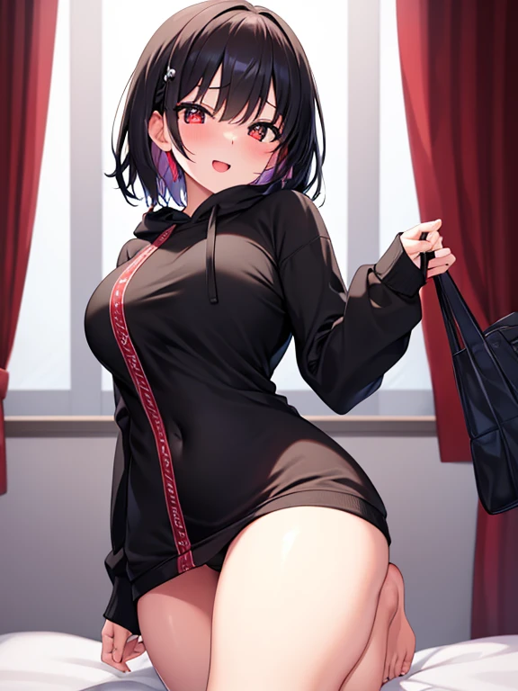 masterpiece、Highest quality、Ultra-high resolution、Medium breasted girl、Thick thighs、red and large eyes,、Black short hair、The hair inside is colored、Excited face、Please open your mouth a little、Sensual Gravure Idol、Seductive pose、Sex-inviting pose、(Clothes:Oversized hoodie)