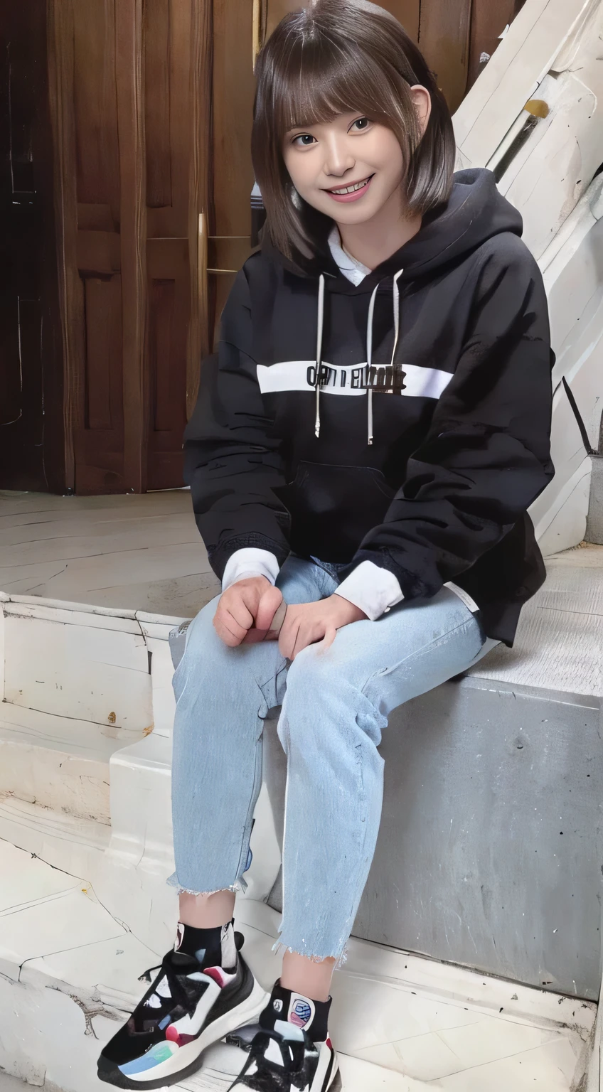 highest quality, Realistic, Very detailed, Finer details, High resolution, 8k wallpaper, One beautiful woman,Sit on the stairs、(Wear black socks)smile、(Beautiful teeth alignment、)(Gums are visible) Oversized hoodie, Skinny jeans,( Black sneakers)、Black Hair、 Beautiful Bangs、ear piercing、Perfect dynamic composition, Beautiful and detailed, Full Body Shot, A big smile