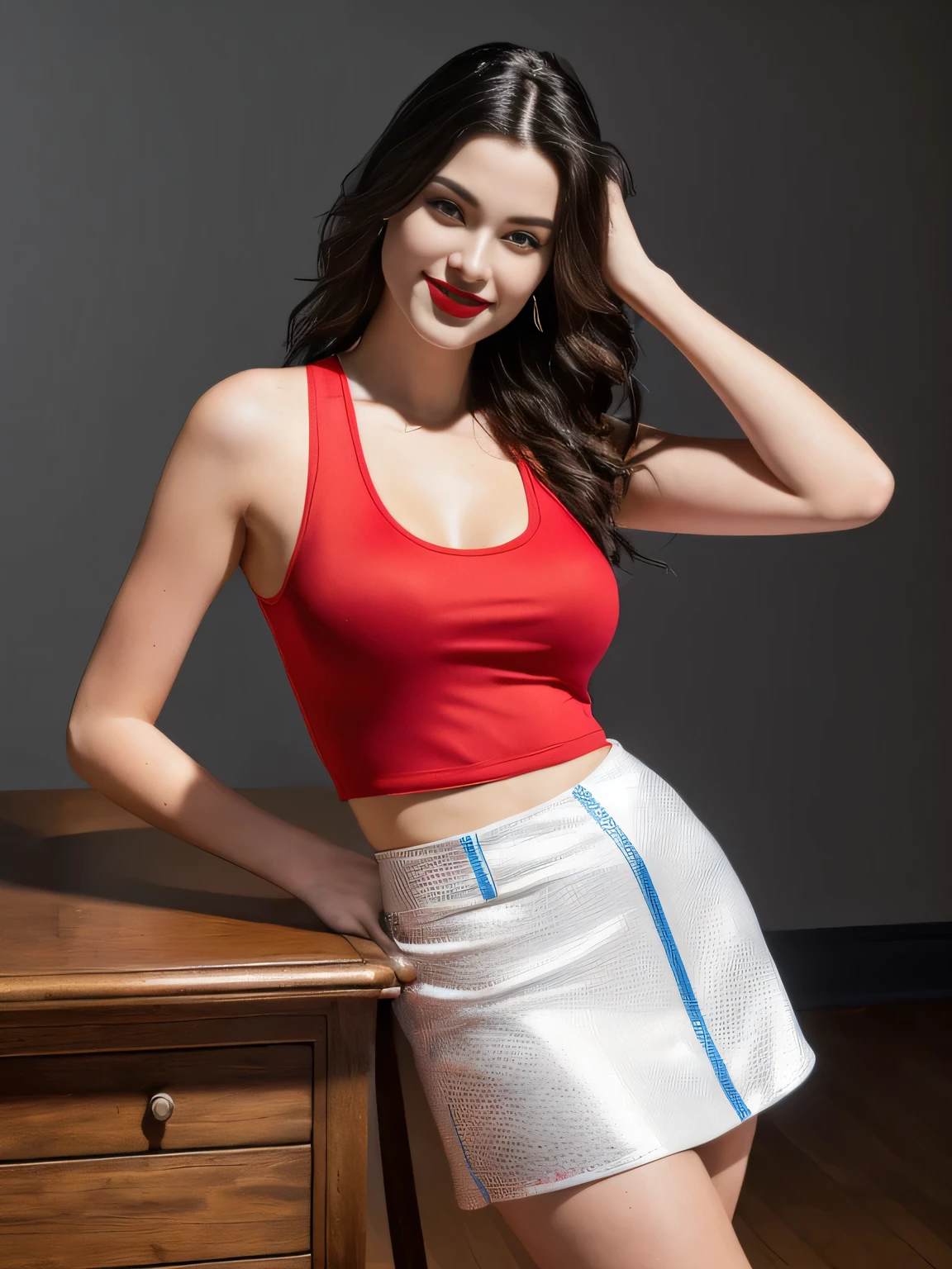 there is a woman standing in a room with a table and chairs, side pose, red tank top and dark blue shorts, in shorts, side photo, tight photo, wearing gym equipment, side portrait, clothing photo, wearing tank top and skirt, with shiny skirt, tank top and sports shorts, dressed in tank top and shorts, high waist. A woman with white skin and dark hair, large and charming, seems to contain a world of wonders and her face is the definition of beauty, highly realistic, reddish skin, beautiful, slightly full lips, red lipstick, smiling, a feeling of lightness and joy , hyperrealism, very elaborate skin, full body photo, sharp photo, high quality, high resolution, masterpiece, high quality, high resolution (ultra quality masterpiece), Ultra HD, high contrast, masterpiece, high contrast, (photographically realistic) HD, high contrast, 16K Masterpiece: 1.3, high resolution, (photographically realistic), NUDE, NUDITY, NFSW.