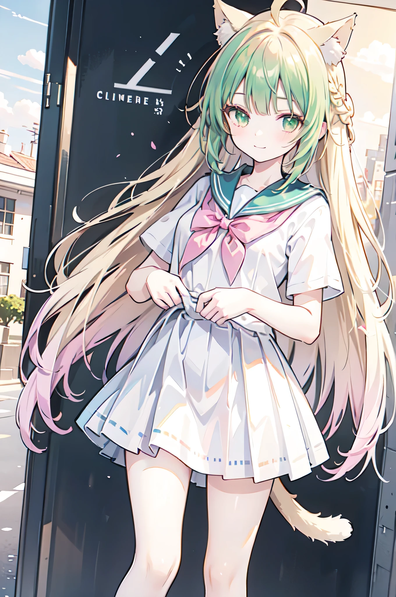 1female, , pink serafuku, sailor uniform, white skirt, white shirt, pleated skirt, seductive smile, sky, orange sky, ahoge, green hair, cat ears, cat tail, long hair, blonde hair, two tone hair, cloud, green eyes, single braid, shirt lift, pink bow, pink bowtie, knees up, thighs, white stockings 