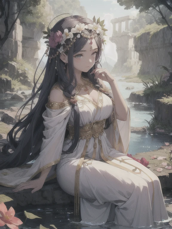 A beautiful girl goddess Persephone with delicate facial features sits by the river looking at a beautiful flower., she has Greek robes and flowers on her head. She is watched by the god of the underworld, Hades, brother of Zeus..