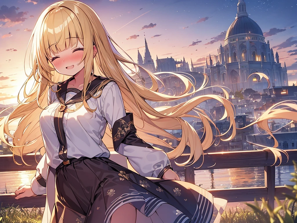 Masterpiece, Top quality, 1 beautiful girl, Blonde, long Hair, wavy Hair, blunt bangs, airy hair, 16 year old, standard weight, medium breasts, (cute clothes:1.5), clothes with cute pattern, (happy :1.4), (nose blush :1.1), closed eyes, beautiful scene of town, blurry background, magnificent panorama view, sunset, dynamic pose, from above