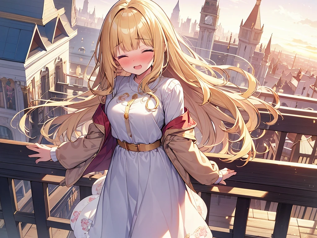 Masterpiece, Top quality, 1 beautiful girl, Blonde, long Hair, wavy Hair, blunt bangs, airy hair, 16 year old, standard weight, medium breasts, (cute clothes:1.5),  clothes with cute pattern, (happy :1.4), (nose blush :1.1), closed eyes, beautiful scene of town, blurry background, magnificent panorama view, sunset, dynamic pose, from above