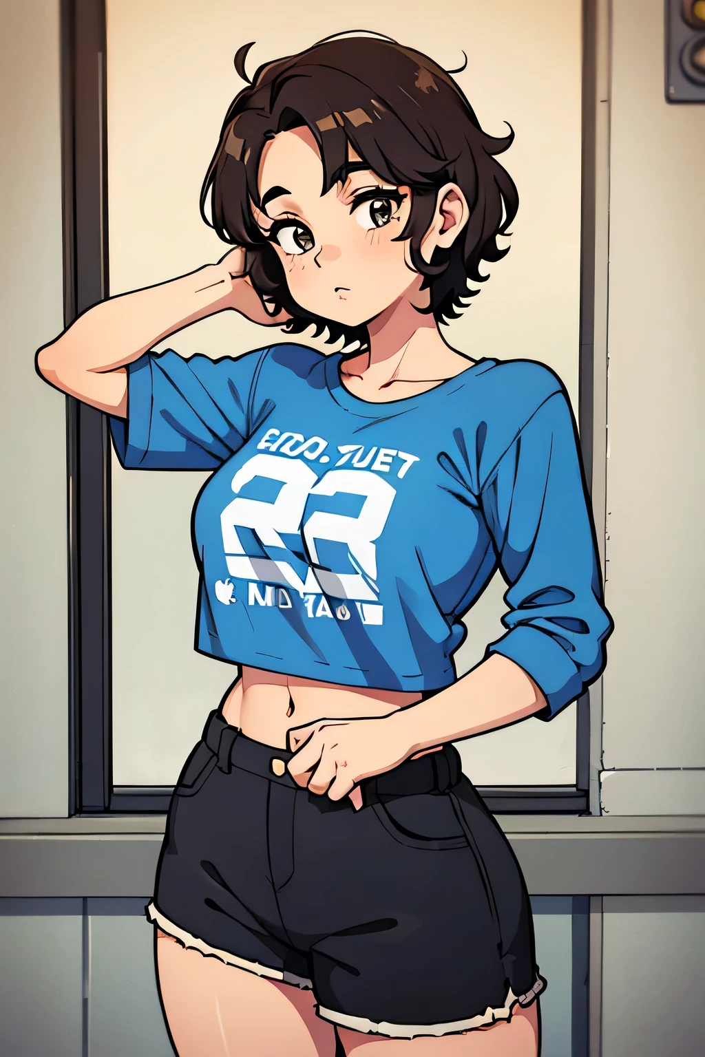 girl with short curly hair 20 years old and hiphop clothes