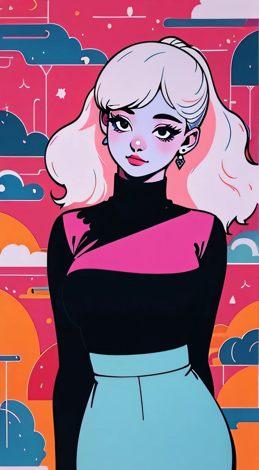 (masterpiece, best quality), beautiful woman, printed cropped turtleneck shirt, skirt, wavy hair, ponytail, asymmetrical bangs, perfect face, beautiful face, alluring, big gorgeous eyes, soft smile, perfect slim fit body, city streets, (outdoor), seoul, bright colors, (risograph)
