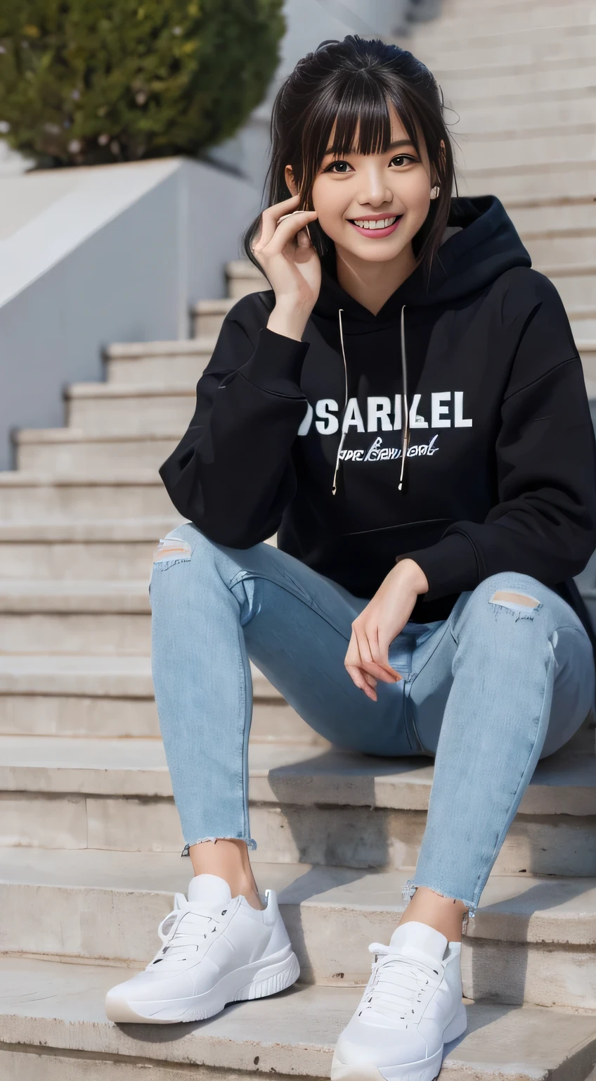 highest quality, Realistic, Very detailed, Finer details, High resolution, 8k wallpaper, One beautiful woman,Sit on the stairs、(Wear black socks)smile、(Beautiful teeth alignment、)(Gums are visible) Oversized hoodie, Skinny jeans,( Black sneakers)、Black Hair、 Beautiful Bangs、ear piercing、Perfect dynamic composition, Beautiful and detailed, Full Body Shot, A big smile