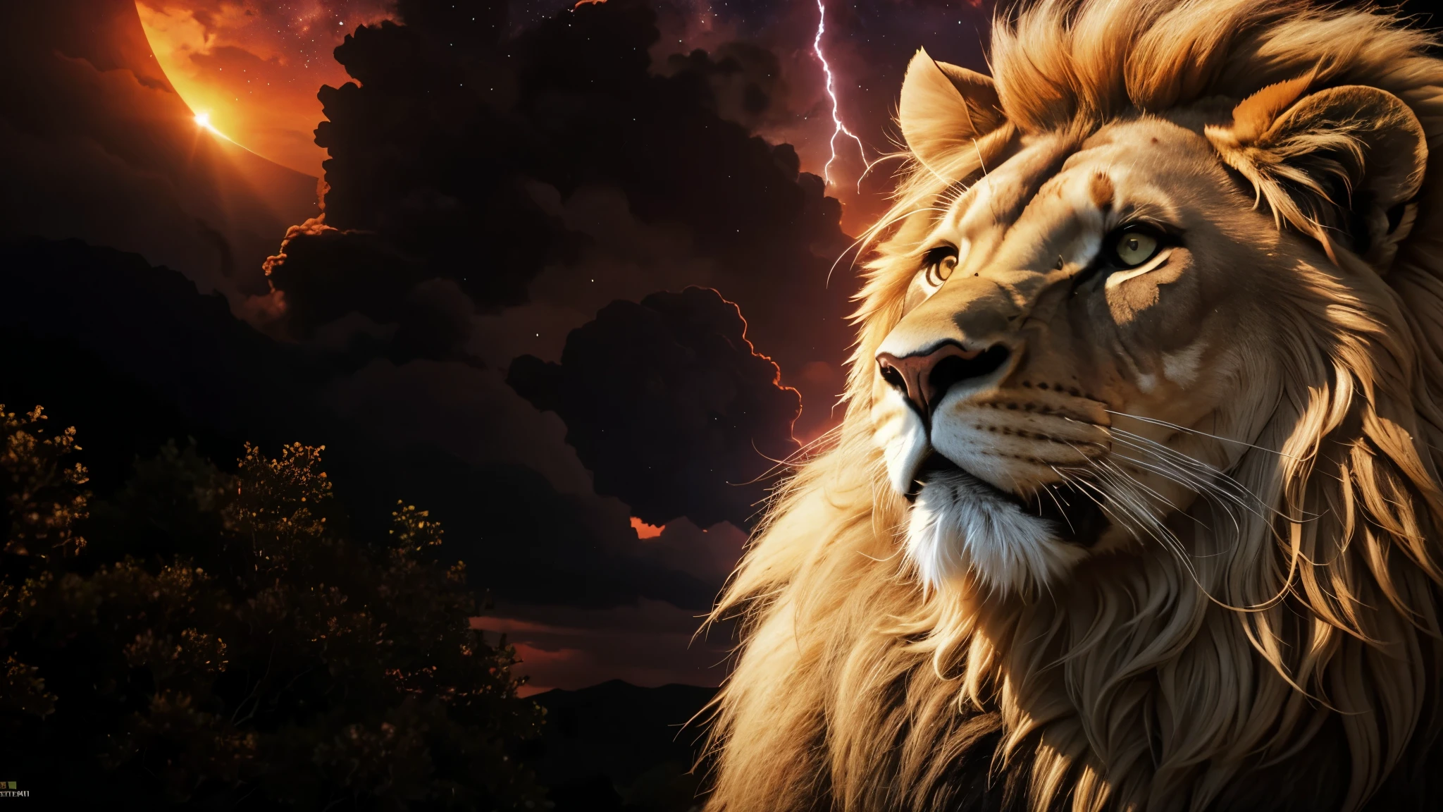 lion, Divine lion, naturais, Natureza, Natureza, Linda, Rendering, Sky, Stars Light, Thunders, Realistic Thunders, Eletricidade, Fotorrealista, UltraHigh definition, 4K, texturasdetalhadas, thunder, sombras detalhadas, cores detalhadas, por do sol, sol se pondo, sunset, Natureza Linda, Grande Divino, por do sol, contraste detalhado, Contraste realista, high resolution, cores detalhadas, fogo, eletricidade, divina criatura, 8k, Realista detalhado, 16K, 8k, High definition, contraste detalhado, Contraste realista, high resolution, cores detalhadas, fogo, eletricidade, divina criatura, 8k, Realista detalhado, elegante, Sun Light, Darkness, Realistic 16K , Elegante, Texturasdetalhadas 16K HD, Detailed Realistic 16K, elegance,