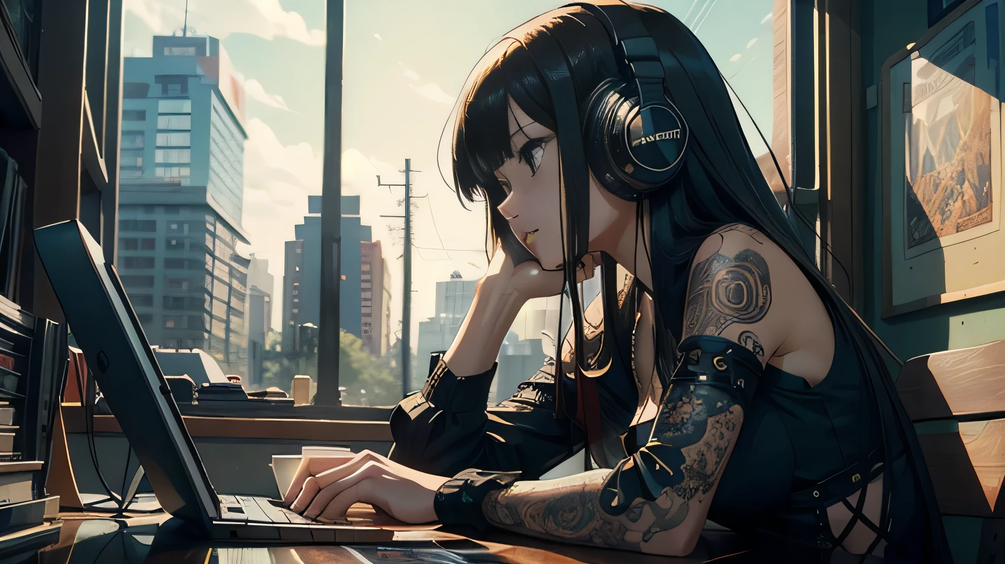 (longshot), wideshot, (film noise), old cartoon, (lots of records:1.3), coffee shop, (masterpiece, highest quality, highest quality, official art, beautiful and aesthetic: 1.2), (woman listening to music with 1 headphones), very detailed, (fractal art: 1.4), supreme detail, coffee makers, (notes: 1.4), ( lo-fi hip-hop), face close up,  anime texture, solo, picture of coffee shop