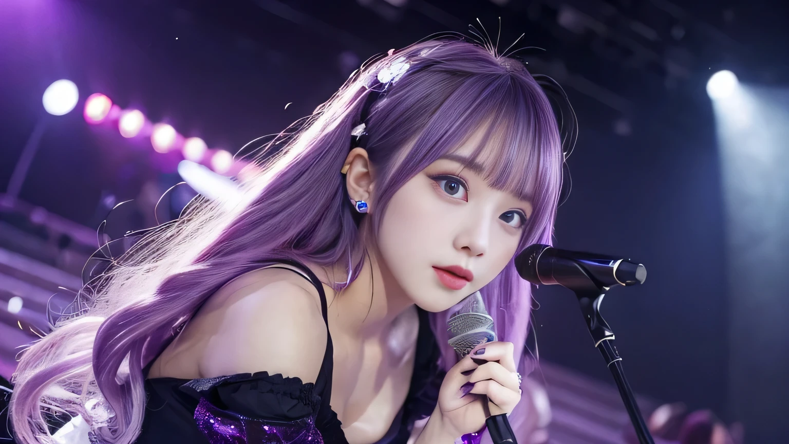 (highest quality, Seductive pose:1.2), 1 female singer, 20 years old, Otherworldly fantasy,shoulder strap,Sing alone, Light purple hair,Beautiful eyes in every detail),Upper Body,bangs,ear, Gorgeous deep purple outfit, Mysterious, Long Hair, blush, Viewer Display,Singing voice that captivates the audience