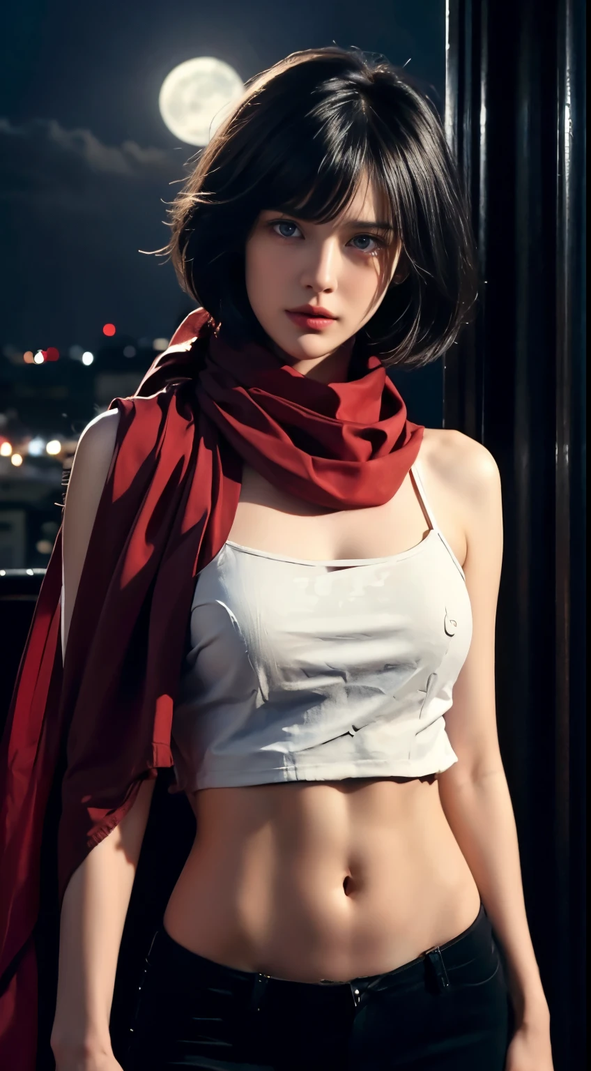 8K, Top Quality, Intricate Details, Ultra Detail, Ultra High Resolution, Masterpiece, random angle, mikasa ackerman, Slender, Smile, (Makeup: 0.4), (Fluffy Blue Eyes: 1.21), blue Eyes,, ((full body)), 1girl, solo, 1 girl, (( full body)), close-up shot, , , ((tall)), (((fit body))), (((slim face))), sharp face, sharp eyes, (((black hair, short hair, bangs )) ,(detailed face), sharp face, small lips, thin lips,
((red scarf, crop top, thigh strap)), detailed face, detailed breast, , large breast, detail, , Beautiful girl with accentuated slender abs: 1.4, Six Pack Abs: 1.4, Bust Botox, Big, Perfect Body, detail leg, (( moonlight)), ocean