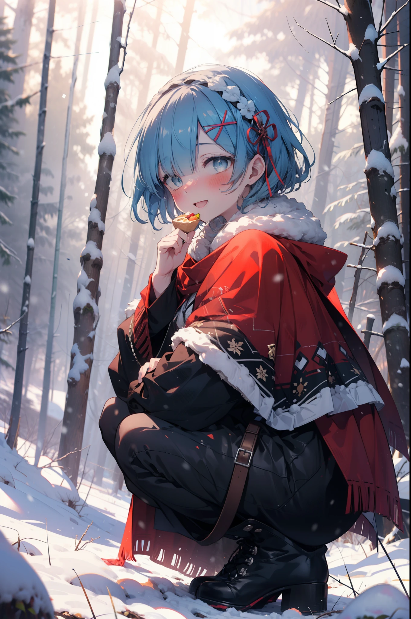 rezeroRem, Rem, blue eyes, Blue Hair, hair ornaments, Hair on one eye, hair ribbon, short hair, x hair ornaments,smile,blush,White Breath,
Open your mouth,snow,Ground bonfire, Outdoor, boots, snowing, From the side, wood, suitcase, Cape, Blurred, having meal, forest, White handbag, nature,  Squat, Mouth closed, Cape, winter, Written boundary depth, Black shoes, red Cape break looking at viewer, Upper Body, whole body, break Outdoor, forest, nature, break (masterpiece:1.2), highest quality, High resolution, unity 8k wallpaper, (shape:0.8), (Beautiful and beautiful eyes:1.6), Highly detailed face, Perfect lighting, Highly detailed CG, (Perfect hands, Perfect Anatomy),