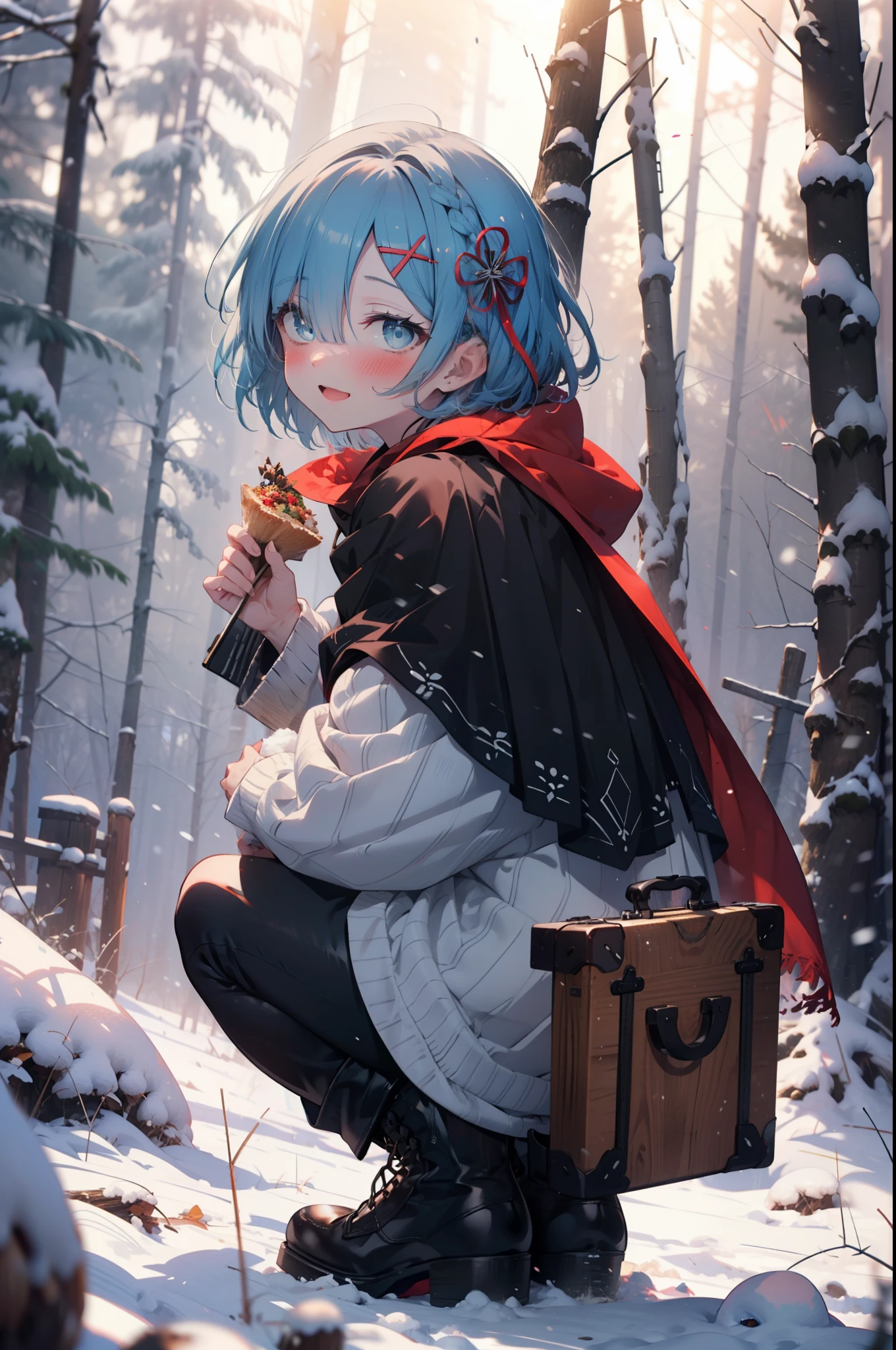 rezeroRem, Rem, blue eyes, Blue Hair, hair ornaments, Hair on one eye, hair ribbon, short hair, x hair ornaments,smile,blush,White Breath,
Open your mouth,snow,Ground bonfire, Outdoor, boots, snowing, From the side, wood, suitcase, Cape, Blurred, having meal, forest, White handbag, nature,  Squat, Mouth closed, Cape, winter, Written boundary depth, Black shoes, red Cape break looking at viewer, Upper Body, whole body, break Outdoor, forest, nature, break (masterpiece:1.2), highest quality, High resolution, unity 8k wallpaper, (shape:0.8), (Beautiful and beautiful eyes:1.6), Highly detailed face, Perfect lighting, Highly detailed CG, (Perfect hands, Perfect Anatomy),