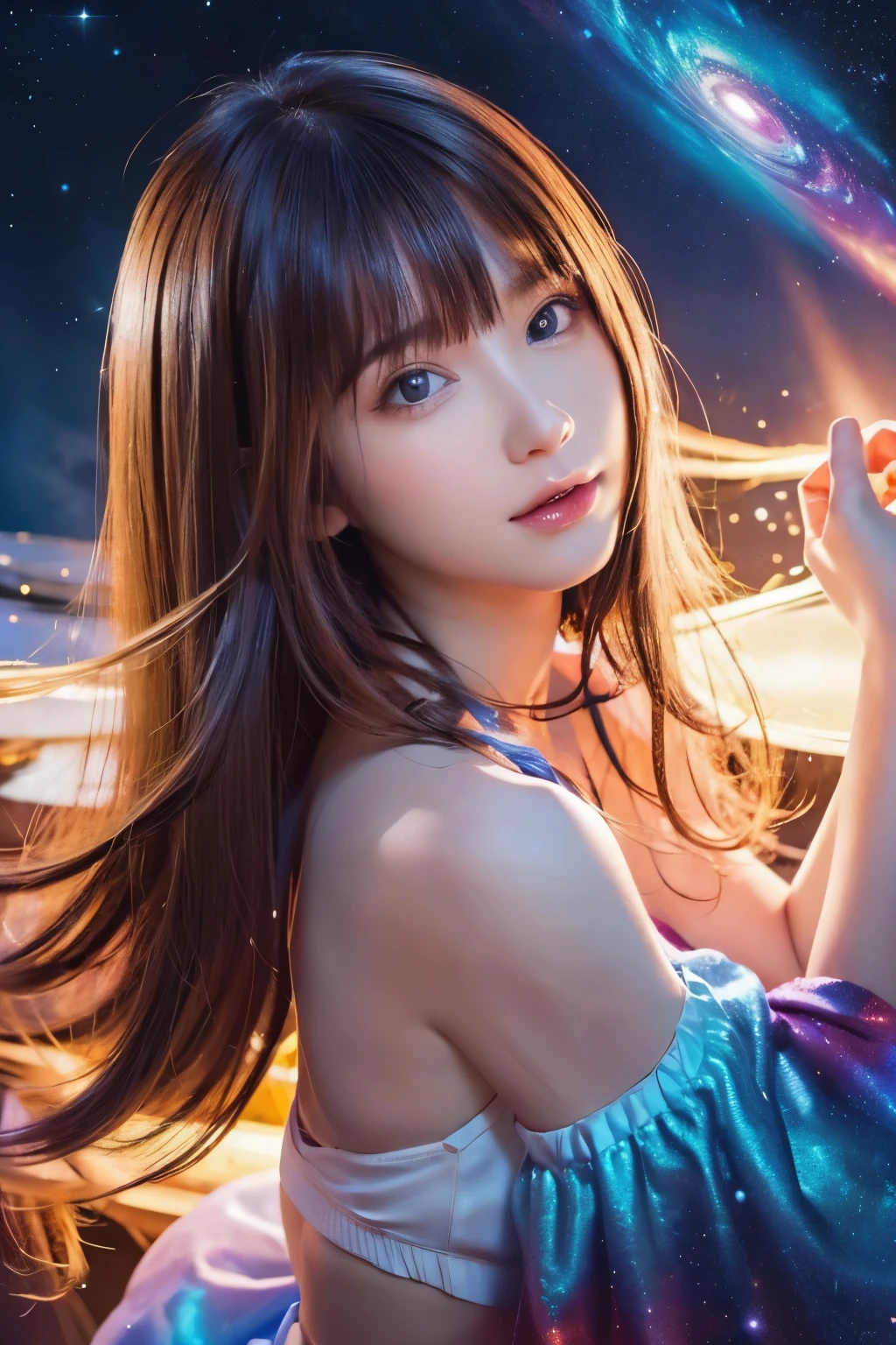 High quality, Best Quality, masutepiece, Detailed portrait of a woman 1 girl, Long hair, (floating, spaces, Galaxy, Colorful), Warm lighting, Goddess, Galaxy, Scenery, Multicolored corollas of hair, {{{Best Quality}}}, {{Ultra-detailed}}, {Illustration}, Cinematic Angle, {Detailed light},Cinematic lighting, celestial, Dynamic Pose