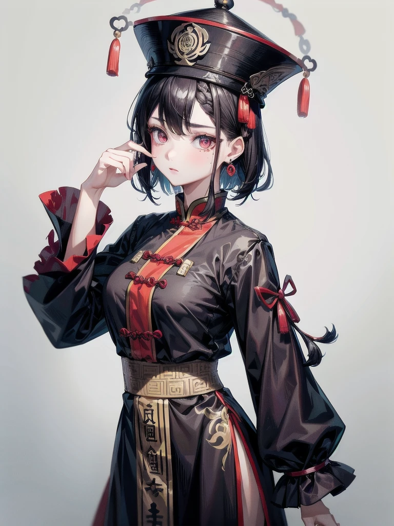 cemetery, dress, braid, chinese clothes, headwear, ofuda, jiangshi, qing guanmao, absurdres, RAW photo, extremely delicate and beautiful, masterpiece, Best Quality, ultra high resolution, 32k, hyperrealistic, ultra-detailed, detailed description, pale skin, 20 years old, tearful mole, earring, Colossal tits, short medium hair, wavy hair, whole body shot,