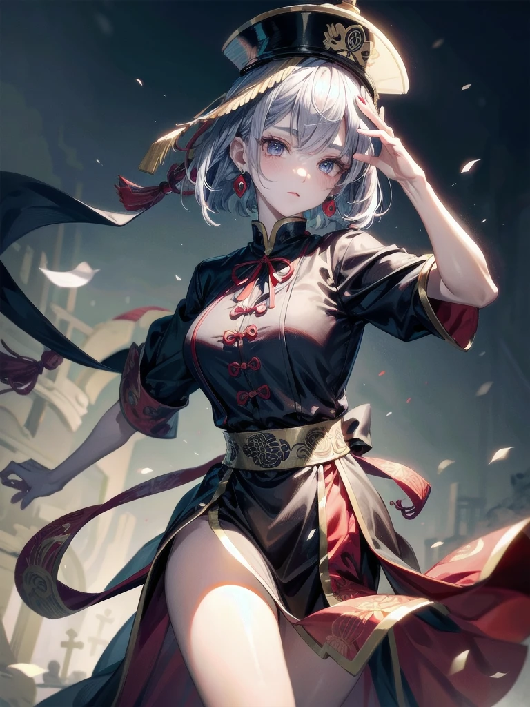 cemetery, dress, braid, chinese clothes, headwear, ofuda, jiangshi, qing guanmao, absurdres, RAW photo, extremely delicate and beautiful, masterpiece, Best Quality, ultra high resolution, 32k, hyperrealistic, ultra-detailed, detailed description, pale skin, 20 years old, tearful mole, earring, Colossal tits, short medium hair, wavy hair, whole body shot,