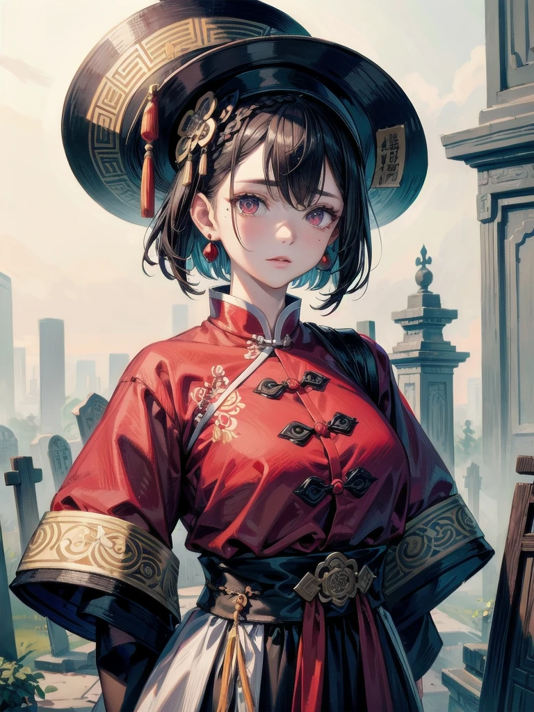 cemetery, dress, braid, chinese clothes, headwear, ofuda, jiangshi, qing guanmao, absurdres, RAW photo, extremely delicate and beautiful, masterpiece, Best Quality, ultra high resolution, 32k, hyperrealistic, ultra-detailed, detailed description, pale skin, 20 years old, tearful mole, earring, Colossal tits, short medium hair, wavy hair, whole body shot,