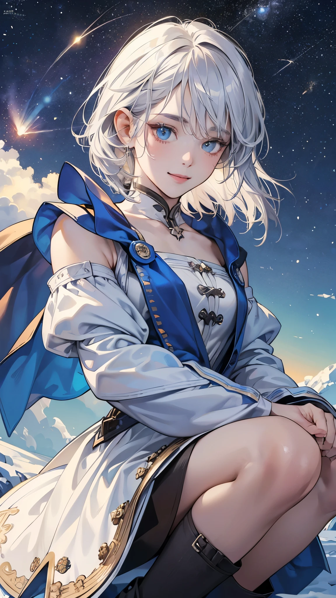(Perfect Anatomy:1.2)(Absurd, High resolution, Super detailed),masterpiece,highest quality,High resolution,8k,Realistic Face,Realistic skin texture,Expanded Texture, Amazing clarity,Detailed anime girls,(Super detailed eyes and face),13-year-old girl,Silver Hair,Shortcuts,(Happy:1.7),Fair skin,Jazzy Dress,Shoulder Bare,,(Snowfield),(Midnight),(Blizzard),(Meteors:1.3),Cowboy Shot,(Viewers looking down:1.5),Cowboy Shot,squat,(From below),