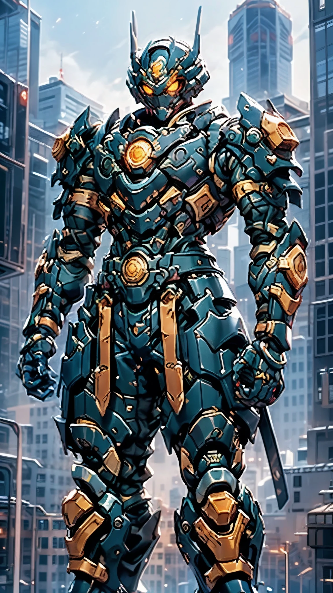 A man wearing a full-face helmet, a fantasy-style biotech armored combat suit, green eyes, (a composite layered chest armor), fully enclosed shoulder guards, matching arm and leg guards, the belt is adorned with dragon claw grasping orbs, (the color scheme is primarily black with red accents), the design balances heavy with agility, a high-tech bio-mecha armor, (Armor Concept Inspired by Dragons, stand on the top of a skyscraper in a futuristic sci-fi city), this character embodies a finely crafted fantasy-surreal style armored hero in anime style, exquisite and mature manga art style, (element, plasma, energy, the armor glows), ((male:1.5)), metallic, real texture material, dramatic, high definition, best quality, highres, ultra-detailed, ultra-fine painting, extremely delicate, professional, perfect body proportions, golden ratio, anatomically correct, symmetrical face, extremely detailed eyes and face, high quality eyes, creativity, RAW photo, UHD, 32k, Natural light, cinematic lighting, masterpiece-anatomy-perfect, masterpiece:1.5