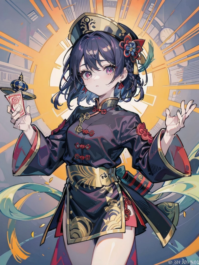 cemetery, dress, braid, chinese clothes, headwear, ofuda, jiangshi, qing guanmao, absurdres, RAW photo, extremely delicate and beautiful, masterpiece, Best Quality, ultra high resolution, 32k, hyperrealistic, ultra-detailed, detailed description, pale skin, 20 years old, tearful mole, earring, Colossal tits, short medium hair, wavy hair, whole body shot,