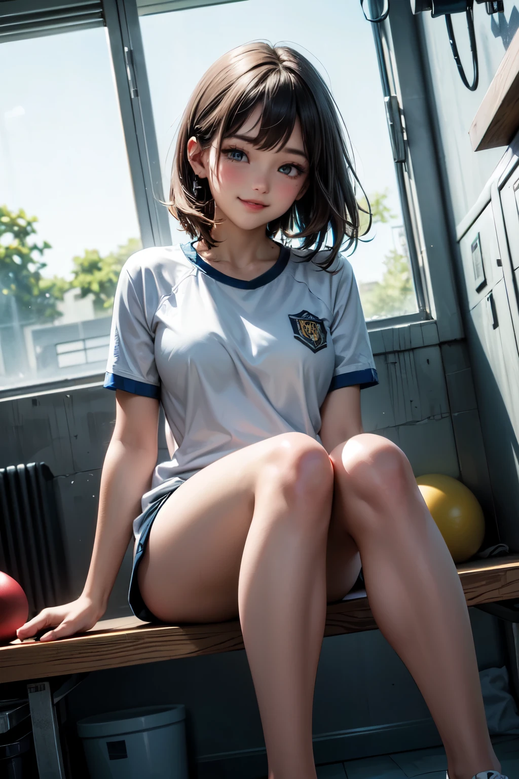 very cute and beautiful girl,(highly detailed beautiful face and eyes),(smile:1.2),happy,blush,looking at viewer,
navyblue buruma,white training shirt,short sleeve,
elegant pose,detailed legs,locker room in training gym,black hair,
(best quality,masterpiece),absurdres,highres,ultra-detailed,extremely detailed,32k,8k resolution,
intricate details,cinematic scene,detailed background,solo,dynamic angle,