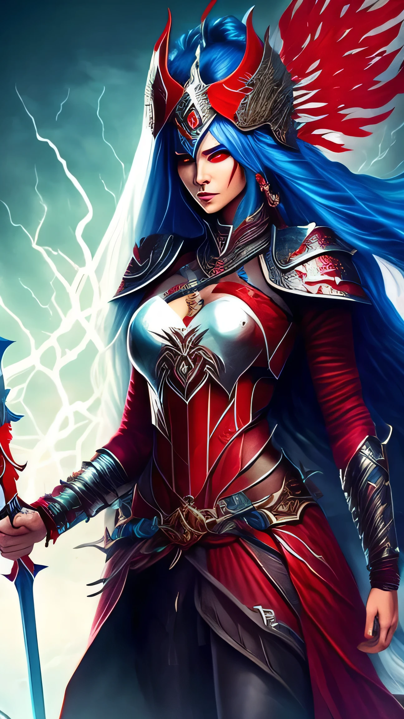 an unreal warrior woman as if from some fantasy, long white hair, brown eyes, sword in right hand, clothes are futuristic whole body covered in kerosene blue color and red shades. On her chest is an eel leaf symbol with a diamond in the middle, on her head is a futuristic crown of beautiful rainbow colors, of high quality. In the background are the army that goes with her in red colors the look is warrior and absolved. The background is dark with lightning. Anime style
