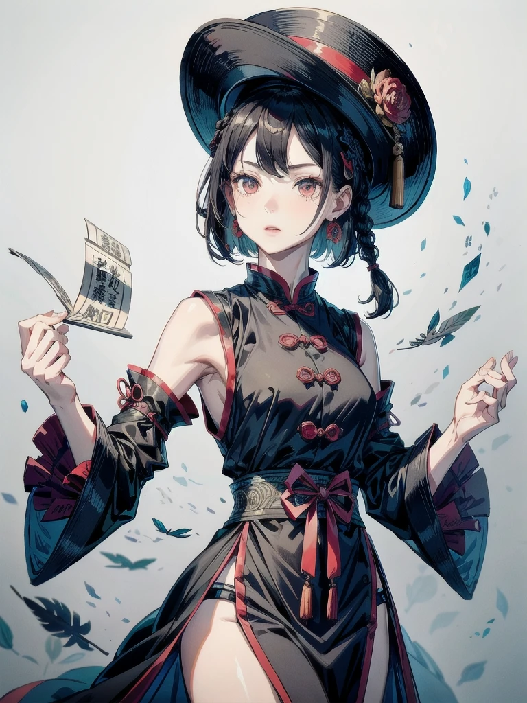 cemetery, dress, braid, chinese clothes, headwear, ofuda, jiangshi, qing guanmao, absurdres, RAW photo, extremely delicate and beautiful, masterpiece, Best Quality, ultra high resolution, 32k, hyperrealistic, ultra-detailed, detailed description, pale skin, 20 years old, tearful mole, earring, Colossal tits, short medium hair, wavy hair, whole body shot,