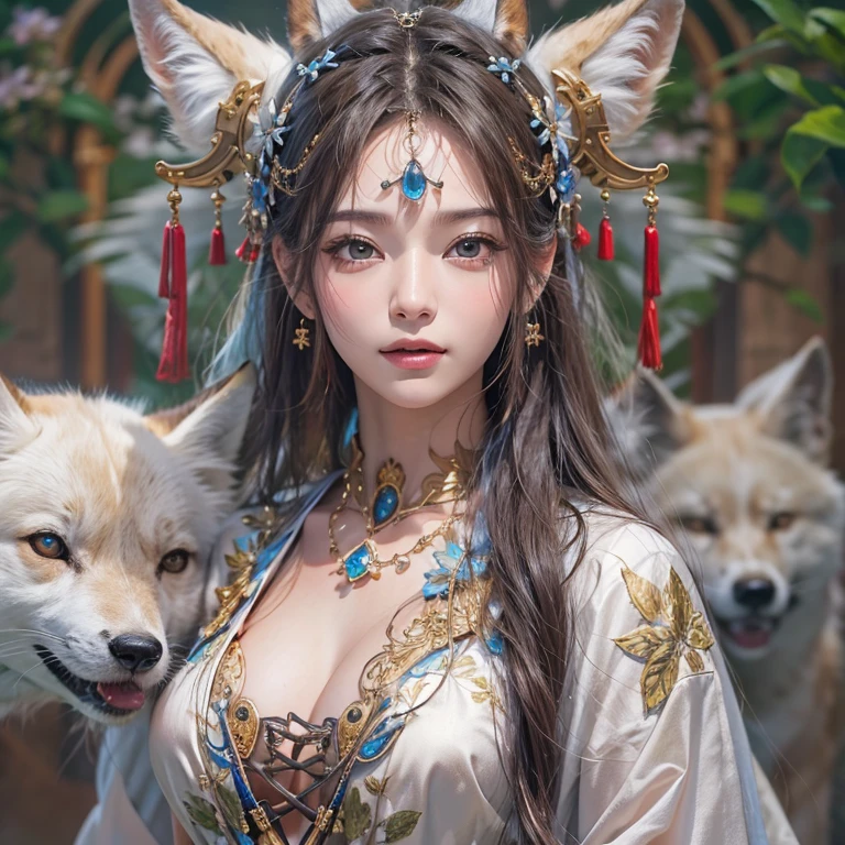 Hiding in an ancient shrine、Hair flow、 ((highest quality、masterpiece、8k、Best image quality、Ultra-high resolution、Award-winning works)、(Accurate anatomy:1.1)、(Look at me and smile:1.1)、Shining fair skin with Ultra-high resolution、The most detailed face、Ultra-high resolution detailed face、Ultra-high resolutionの髪の毛、(Ultra-high resolutionの煌めく瞳:1.1)、Beautiful face drawn in every detail、(Blurred Background:1.1)、Ancient maiden costume, Chest to Chest, tattoo、Other than white fox