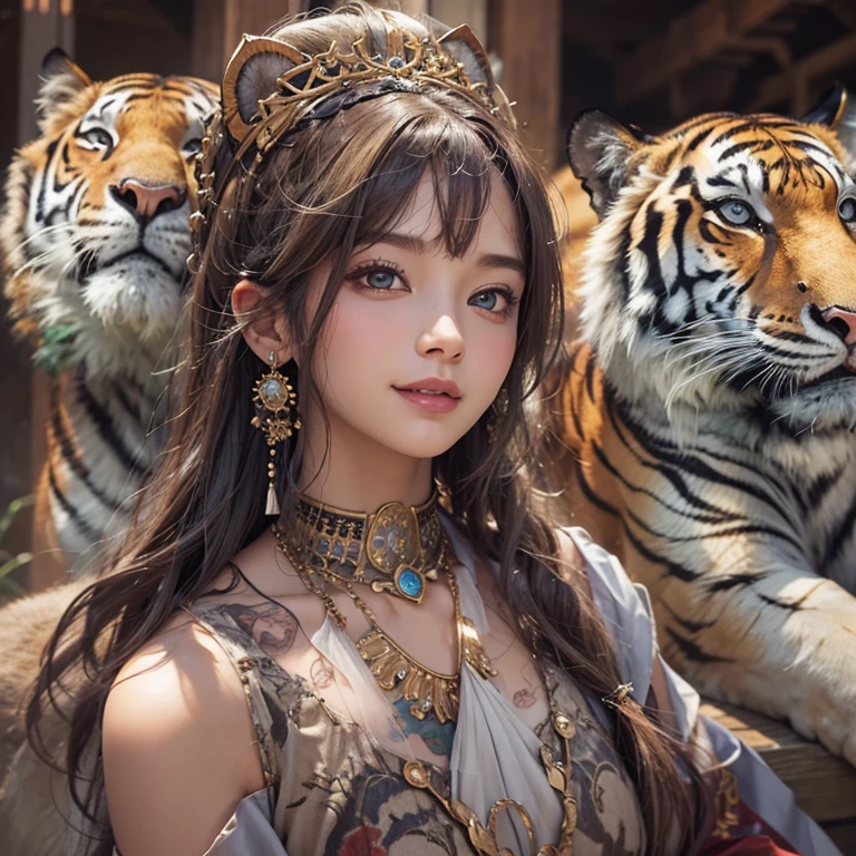 Hiding in the desert、Hair flow、 ((highest quality、masterpiece、8k、Best image quality、Ultra-high resolution、Award-winning works)、(Accurate ???????:1.1)、(Look at me and smile:1.1)、Shining fair skin with Ultra-high resolution、The most detailed face、Ultra-high resolution detailed face、Ultra-high resolutionの髪の毛、(Ultra-high resolutionの煌めく瞳:1.1)、Beautiful face drawn in every detail、(Blurred Background:1.1)、Ancient Islamic clothing, Chest to Chest, tattoo, Old ruins in the background、Next to the tiger