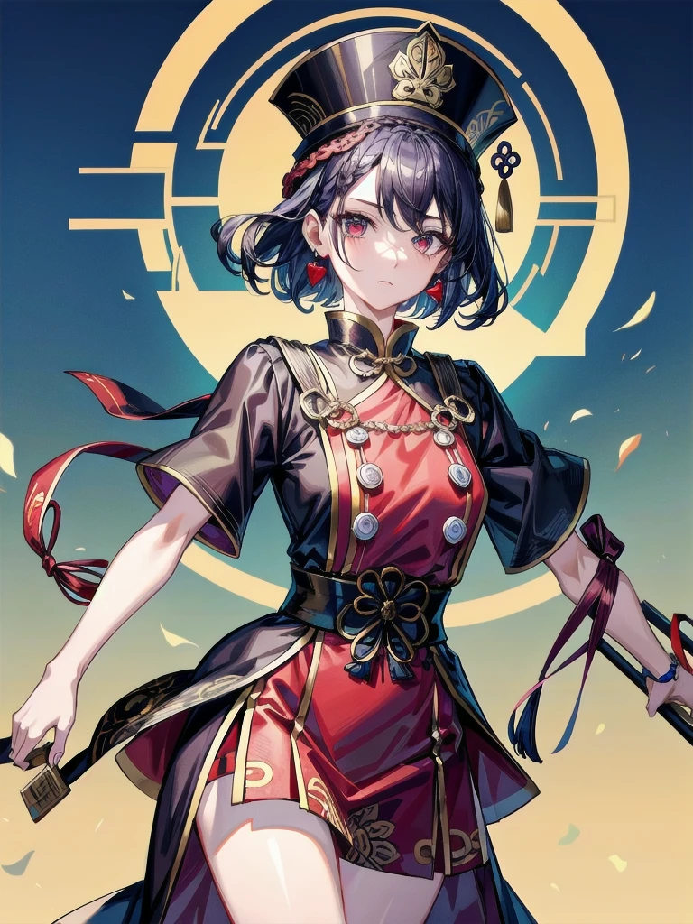 cemetery, dress, braid, chinese clothes, headwear, ofuda, jiangshi, qing guanmao, absurdres, RAW photo, extremely delicate and beautiful, masterpiece, Best Quality, ultra high resolution, 32k, hyperrealistic, ultra-detailed, detailed description, pale skin, 20 years old, tearful mole, earring, Colossal tits, short medium hair, wavy hair, whole body shot,