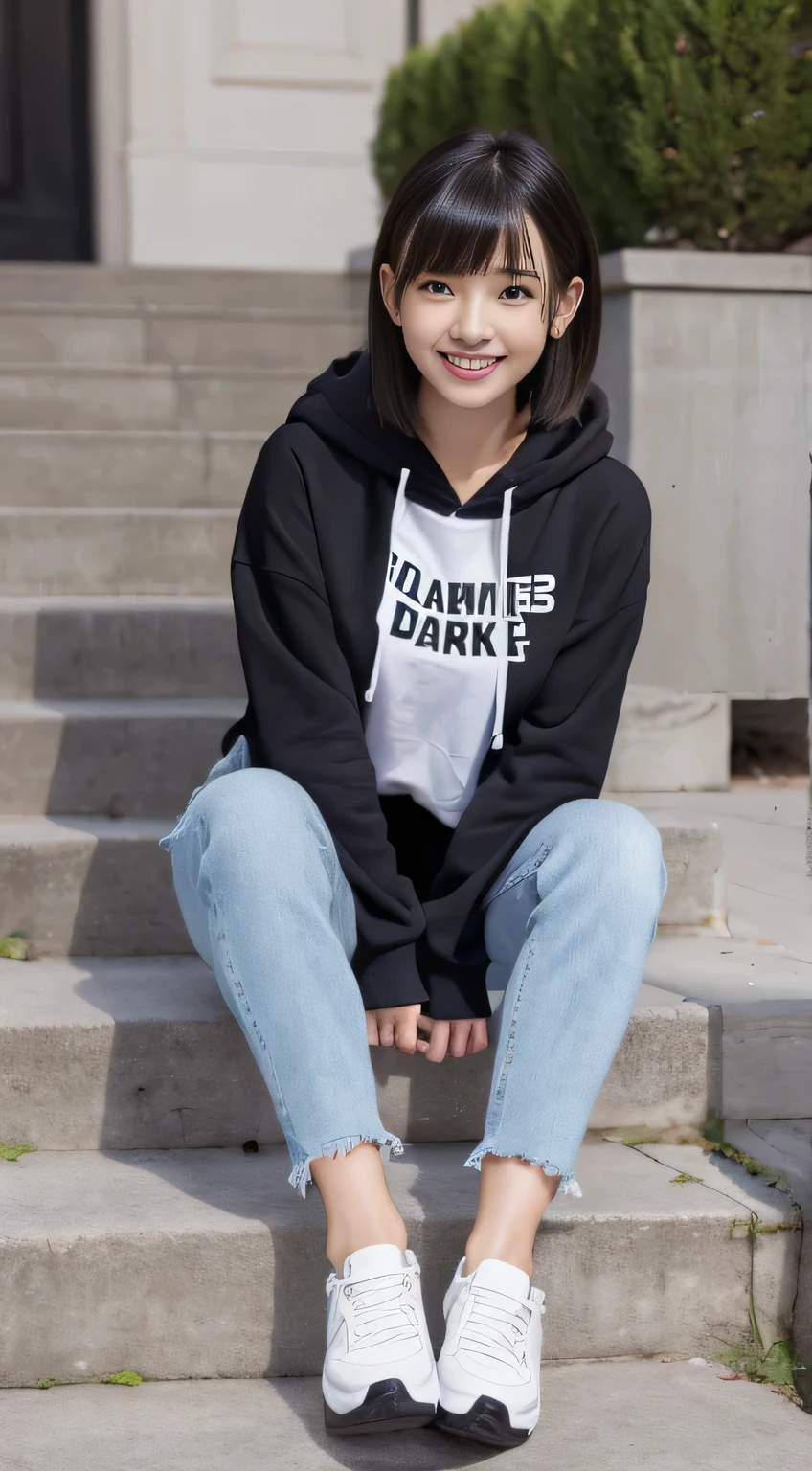 highest quality, Realistic, Very detailed, Finer details, High resolution, 8k wallpaper, One beautiful woman,Sit on the stairs、（Wear black socks）smile、（Beautiful teeth alignment、）（Gums are visible） Oversized hoodie, Skinny jeans,（ Black sneakers）、Black Hair、 Beautiful Bangs、ear piercing、Perfect dynamic composition, Beautiful and detailed, Full Body Shot, A big smile
