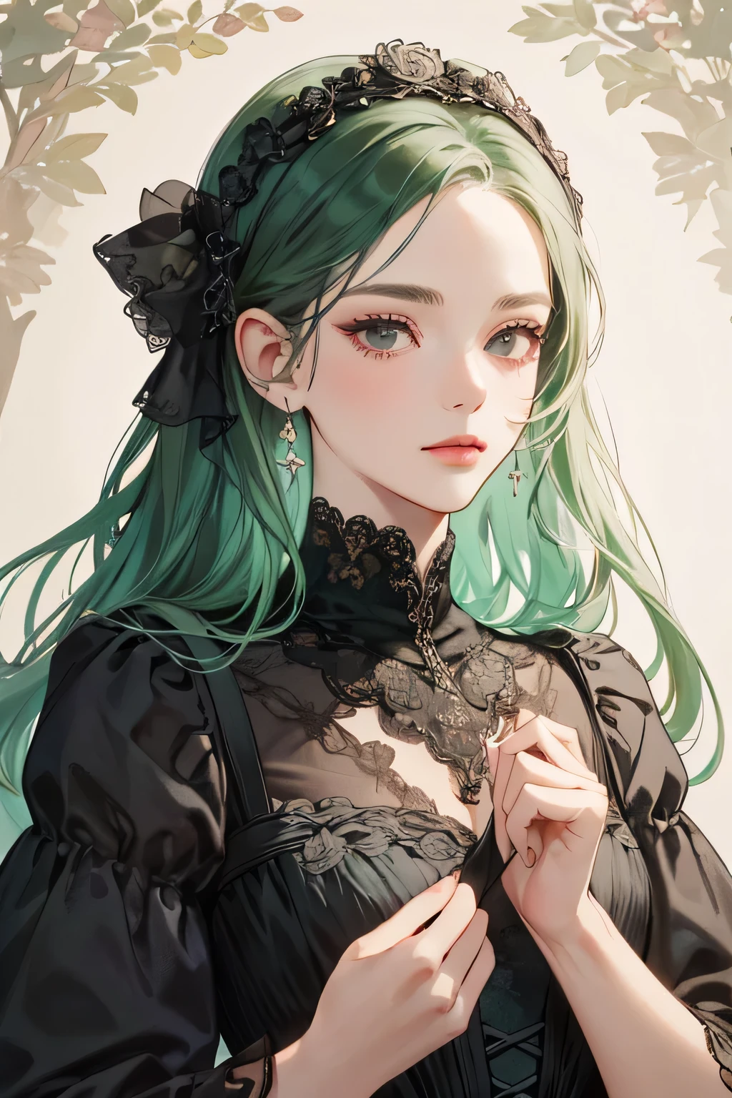 (extreamly delicate and beautiful:1.2), 8K,(masterpiece:1.0),(best_quality:1.0), 1girl, and intricate detailing, Enlarged textures, and intricate detailing, finely ekspressive eye and detailed face, and intricate detailing, green long hair, (closed mouths), Perfect eyes, Equal eyes, black eyes (A female god) with victorian dress