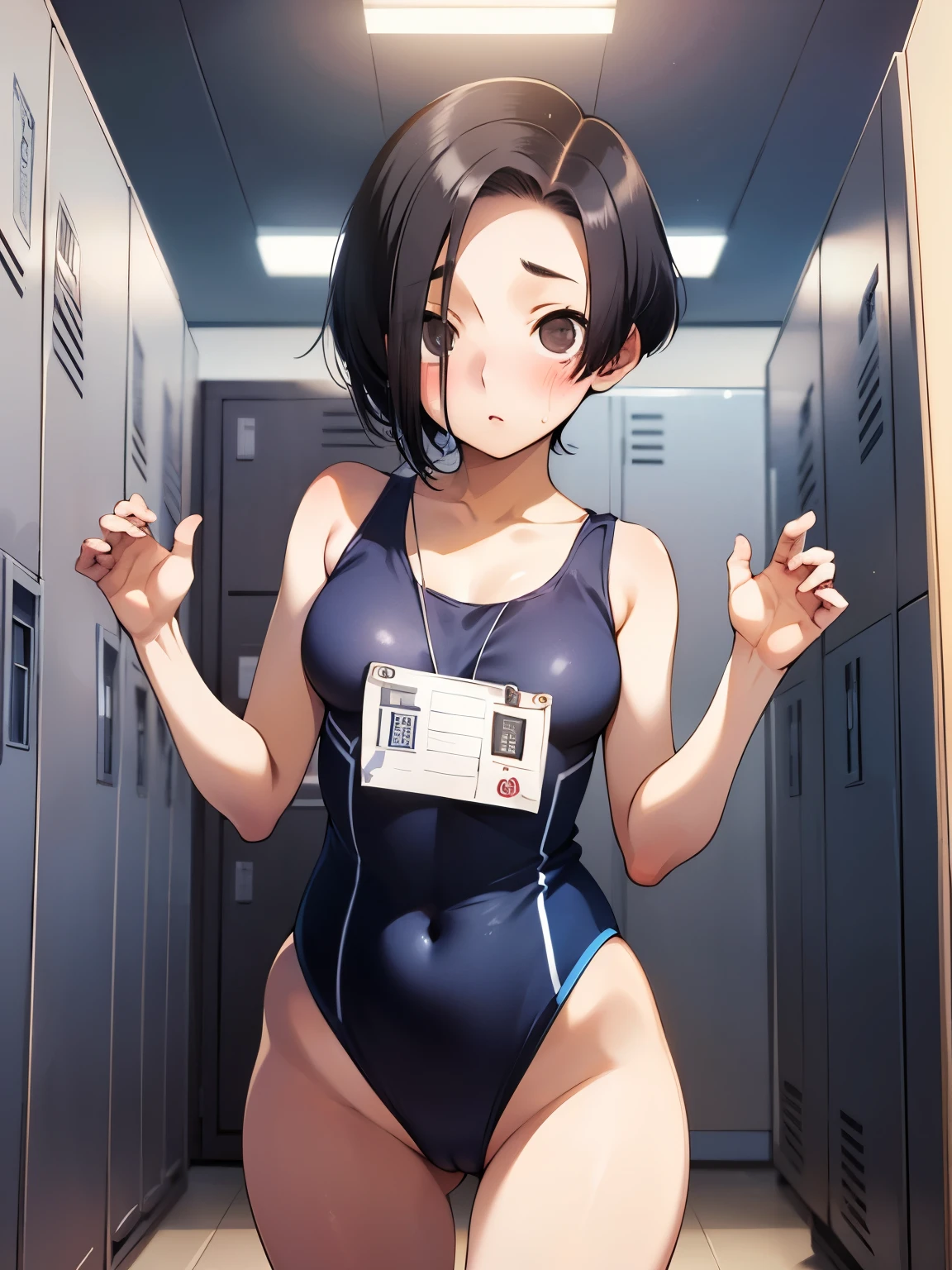 NSFW,Aarinko、short hair、Black Hair、Bobcut、Swimsuit,High leg,Embarrassed,blush,(Perfect hands),(Perfect Anatomy),(masterpiece),(highest quality),Looking up,Lonely look,School,locker room,looking at the camera,Look Up