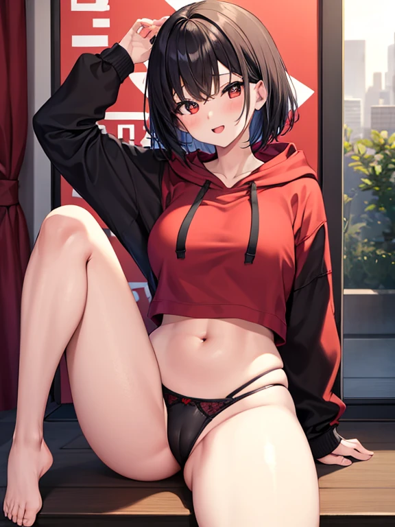masterpiece、Highest quality、Ultra-high resolution、Medium breasted girl、Thick thighs、red and large eyes,、Black short hair、The hair inside is colored、Excited face、Please open your mouth a little、Sensual Gravure Idol、Seductive pose、Sex-inviting pose、(Clothes:Oversized hoodie、Red underwear under the hoodie)、(place:City of night)