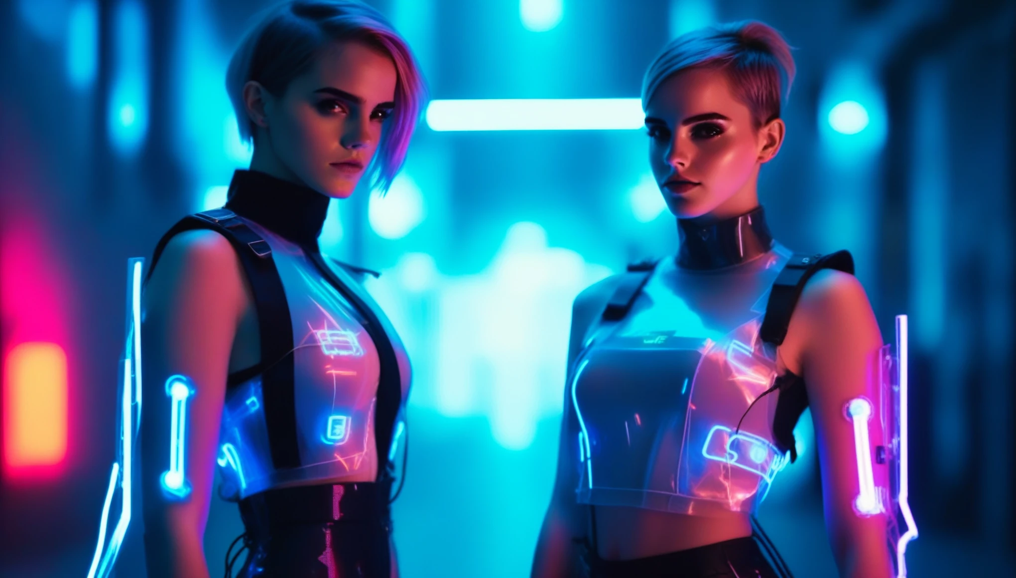 Two young female hackers in front of a cyberpunk metropolis at night, neon lights, facing the viewer, holding a cyberdeck with a transparent screen, short silverwhite undercut haircut, immaculate skin, thoughtful look on the face, sweat on the skin, full lips, small breasts, legs crossed, fullbody black and red translucent skintight cyberpunk underarmor with intricate hexagon pattern, synthetic utility vest with attached wearable computer, utility belt with multimeter and some probes attached, thigh high translucent latex boots, cutoff gloves, no makeup, natural fingernails, emma watson, edgFut_clothing, neons, electric circuits