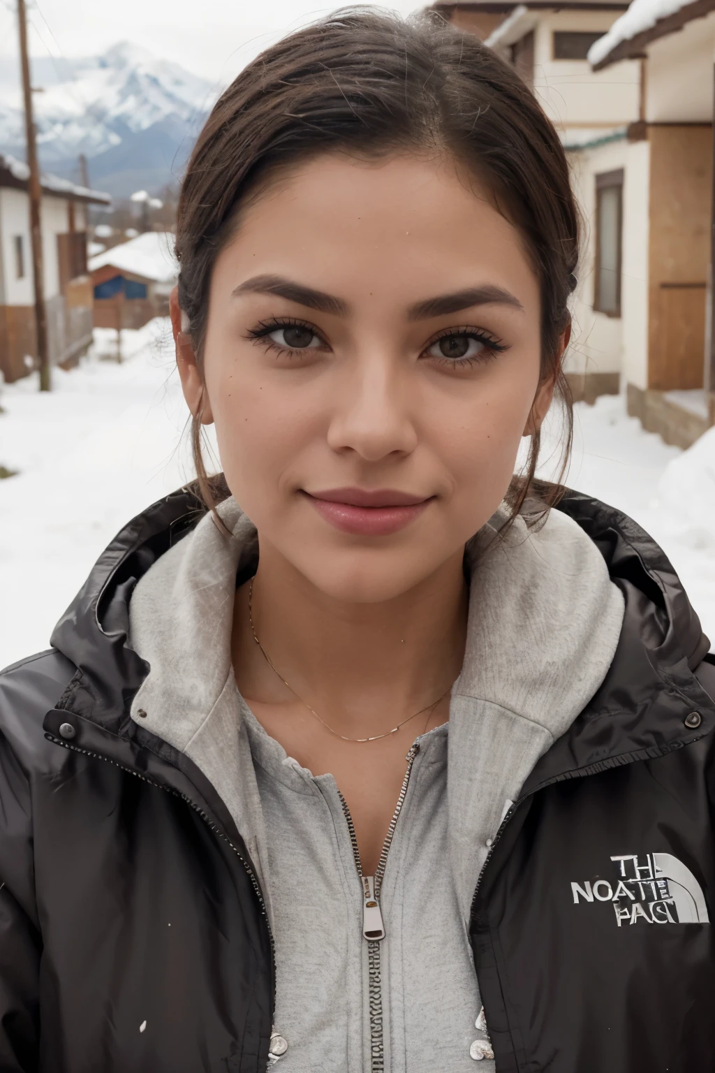 Christen Harper con una hermosa cara madura, tez oscura, short hair tied back, cejas grandes y tatuadas, Mirando directamente al espectador, brunette, senos extra grandes Representado de manera realista, usando una chompa impermeable north face para el frio que complementa su color de cabello, mostrando sus hombros y cuello, voluptuosa, con un bronceado acentuado y joyas elegantes, lipstick staining her lips, nariz definida, sonriendo, en el nevado Cotopaxi