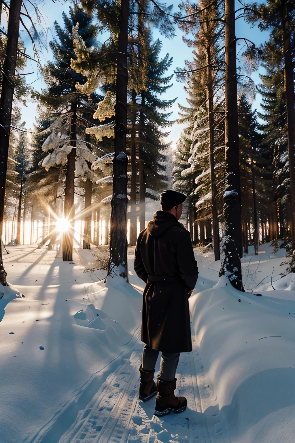 illustration for a fairy tale, guy standing in the forest in winter
