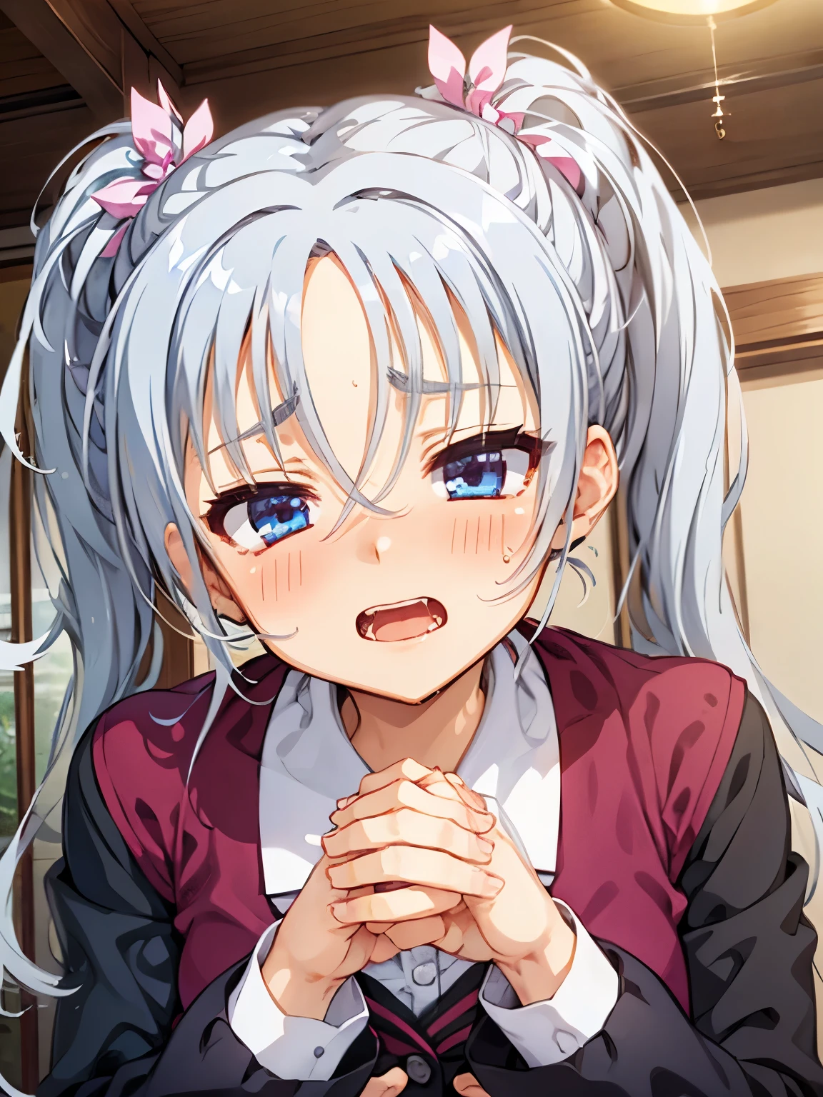 NSFW,Tomotake Yoshino,Long Hair、Gray Hair、Twin tails、Hair Intake、hair ornaments、Parted bangs、blue eyes,Embarrassed,blush,(Ecstasy face:1.5),(Aroused expression:1.3),(Perfect hands),(Perfect Anatomy),(masterpiece),(highest quality),amusement park,One foreign man