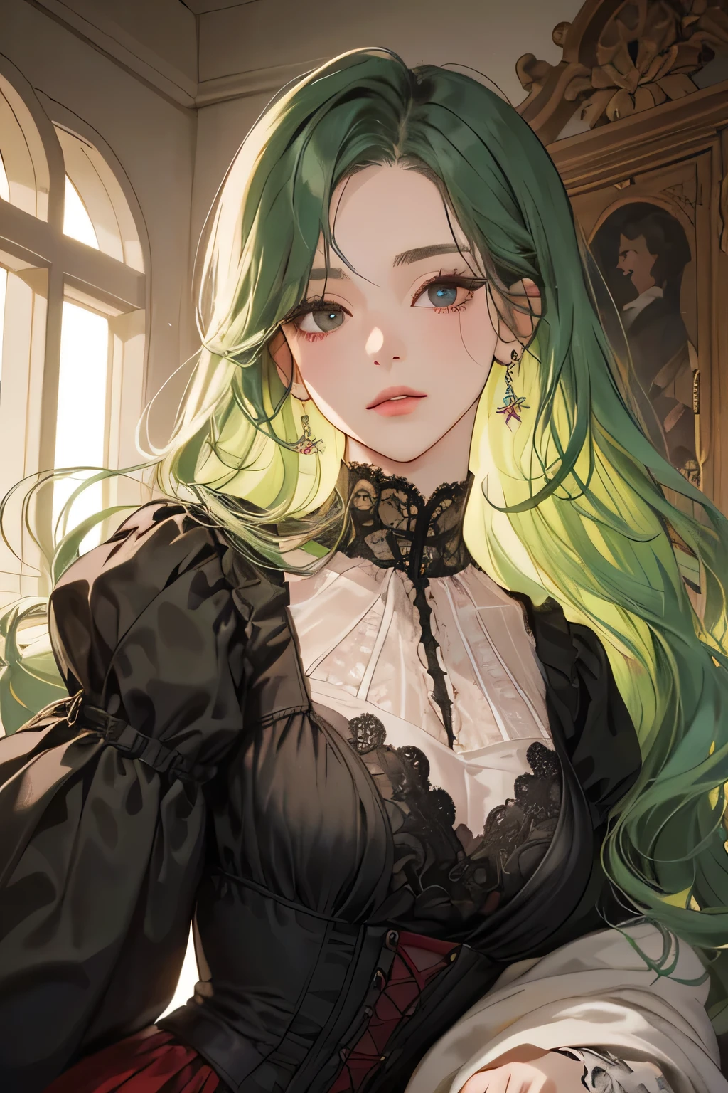 (extreamly delicate and beautiful:1.2), 8K,(masterpiece:1.0),(best_quality:1.0), 1girl, and intricate detailing, Enlarged textures, and intricate detailing, finely ekspressive eye and detailed face, and intricate detailing, green long hair, (closed mouths), Perfect eyes, Equal eyes, black eyes (A female god) with victorian red dress