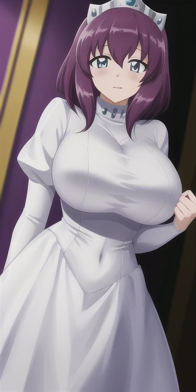 Henrietta_of_Tristain, Huge_chest, Are standing, alone, white_turtleneck_dress_white_Knee socks_white_garter_strap_tiara, masterpiece, highest quality, oftailed face, oftailed eyes, High resolution,