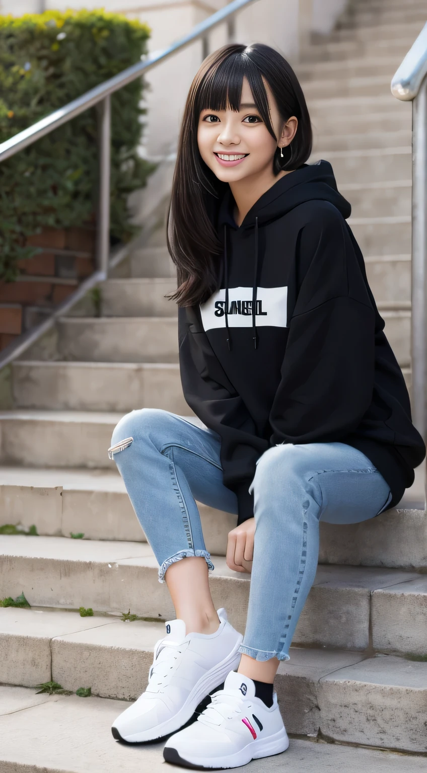 highest quality, Realistic, Very detailed, Finer details, High resolution, 8k wallpaper, One beautiful woman,Sit on the stairs、(Wear black socks)smile、(Beautiful teeth alignment、)(Gums are visible) Oversized hoodie, Skinny jeans,( Black sneakers)、Black Hair、 Beautiful Bangs、ear piercing、Perfect dynamic composition, Beautiful and detailed, Full Body Shot, A big smile