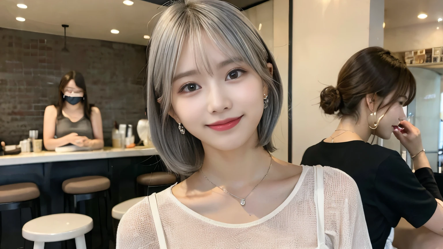 super high quality, Short Hair, Slender, Gravure photoshoot, The staff is working at the counter in the back., (8k、RAW Photos、highest quality、masterpiece:1.2), Japanese Idol, Shaggy, Sportswear, Stylish café, The cafe is crowded with people enjoying themselves., (Realistic、Photorealistic:1.37), Mesh Hair, Urban Cafe, Golden Ratio, Raw photo, Cute face , Earrings, Small breasts, Bright cafe interior, Beauty salon model, Silver Hair, Spring Clothes, necklace, Beautiful hairstyle, Spoiled, Smile, Hair blowing in the wind, Neat clothes, boyish, 18-year-old, younger sister,